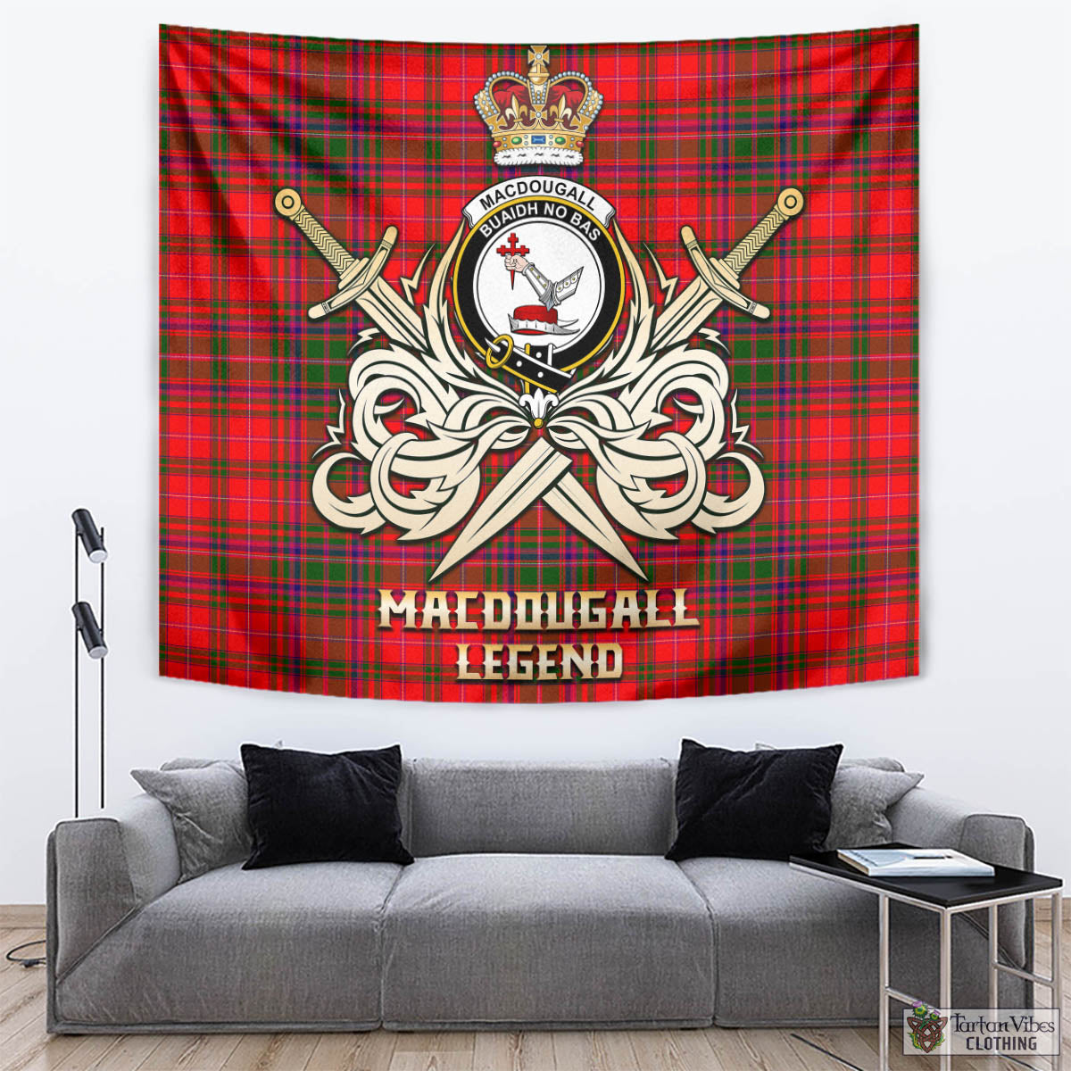 Tartan Vibes Clothing MacDougall Modern Tartan Tapestry with Clan Crest and the Golden Sword of Courageous Legacy