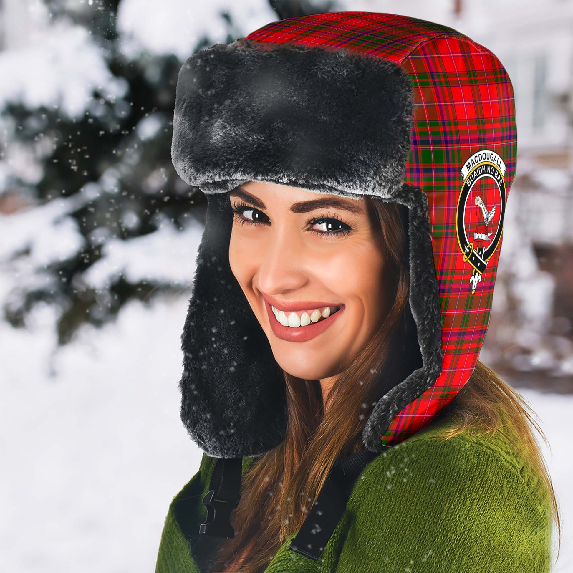 MacDougall Modern Tartan Winter Trapper Hat with Family Crest - Tartanvibesclothing