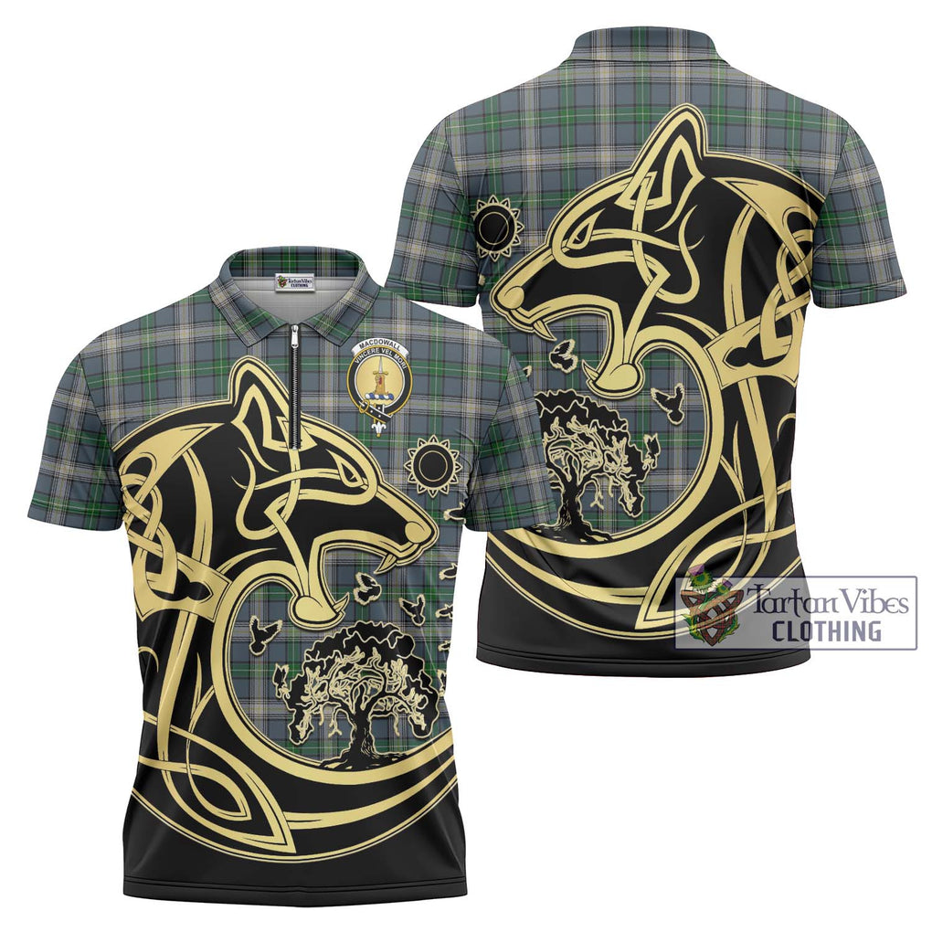 MacDowall (McDowall) Tartan Zipper Polo Shirt with Family Crest Celtic Wolf Style Unisex - Tartanvibesclothing Shop