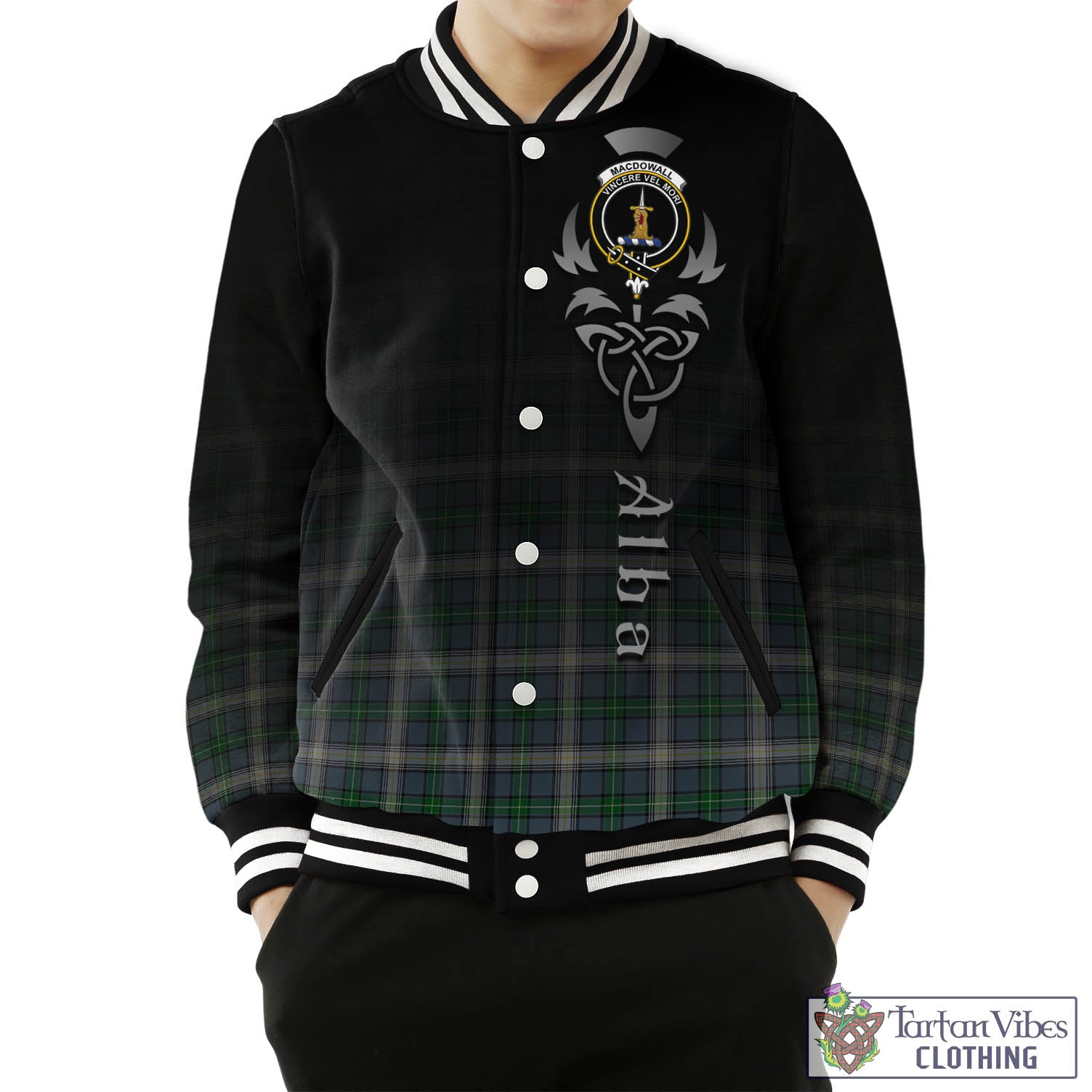 Tartan Vibes Clothing MacDowall Tartan Baseball Jacket Featuring Alba Gu Brath Family Crest Celtic Inspired