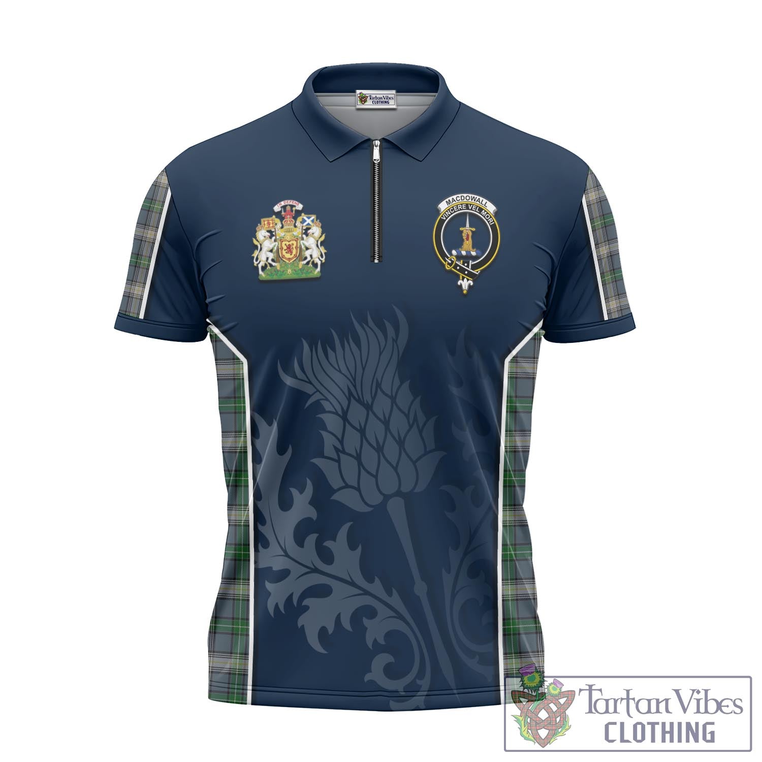 Tartan Vibes Clothing MacDowall Tartan Zipper Polo Shirt with Family Crest and Scottish Thistle Vibes Sport Style