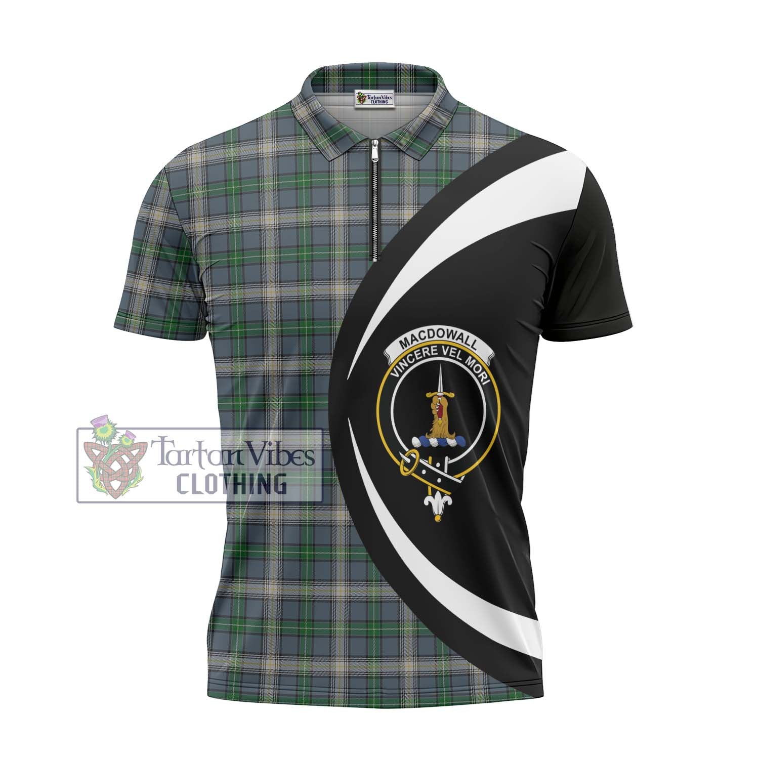 Tartan Vibes Clothing MacDowall Tartan Zipper Polo Shirt with Family Crest Circle Style