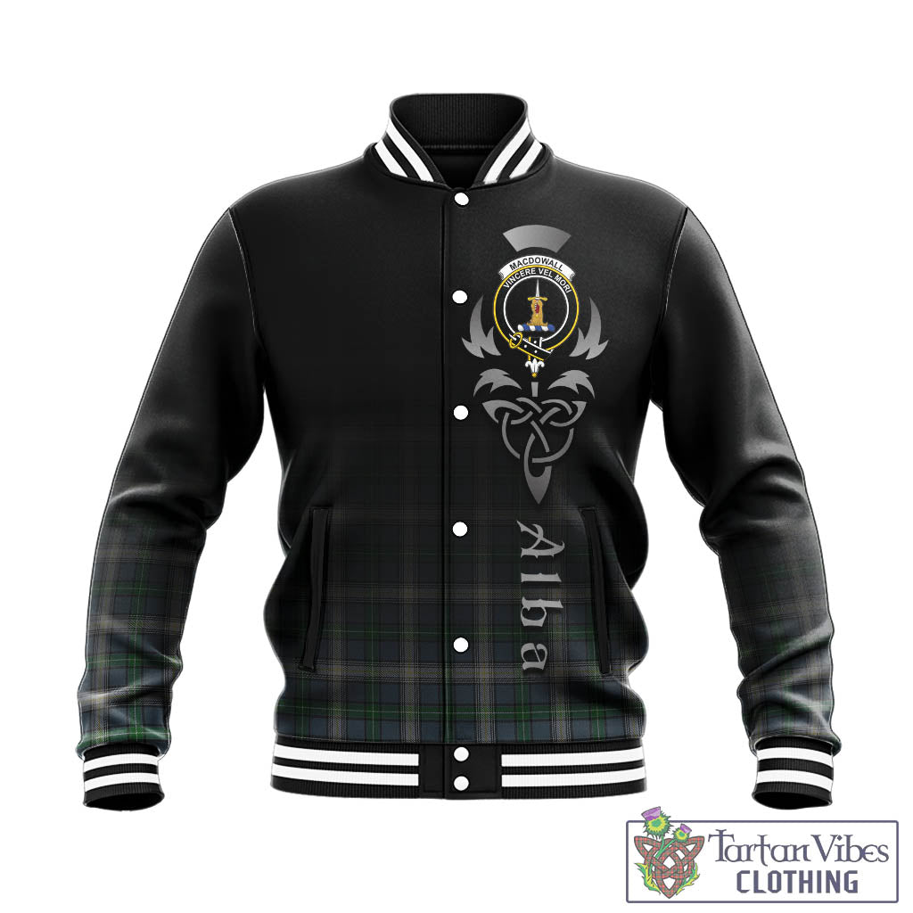 Tartan Vibes Clothing MacDowall Tartan Baseball Jacket Featuring Alba Gu Brath Family Crest Celtic Inspired