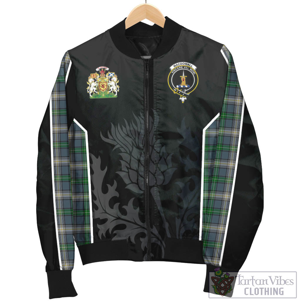 Tartan Vibes Clothing MacDowall Tartan Bomber Jacket with Family Crest and Scottish Thistle Vibes Sport Style