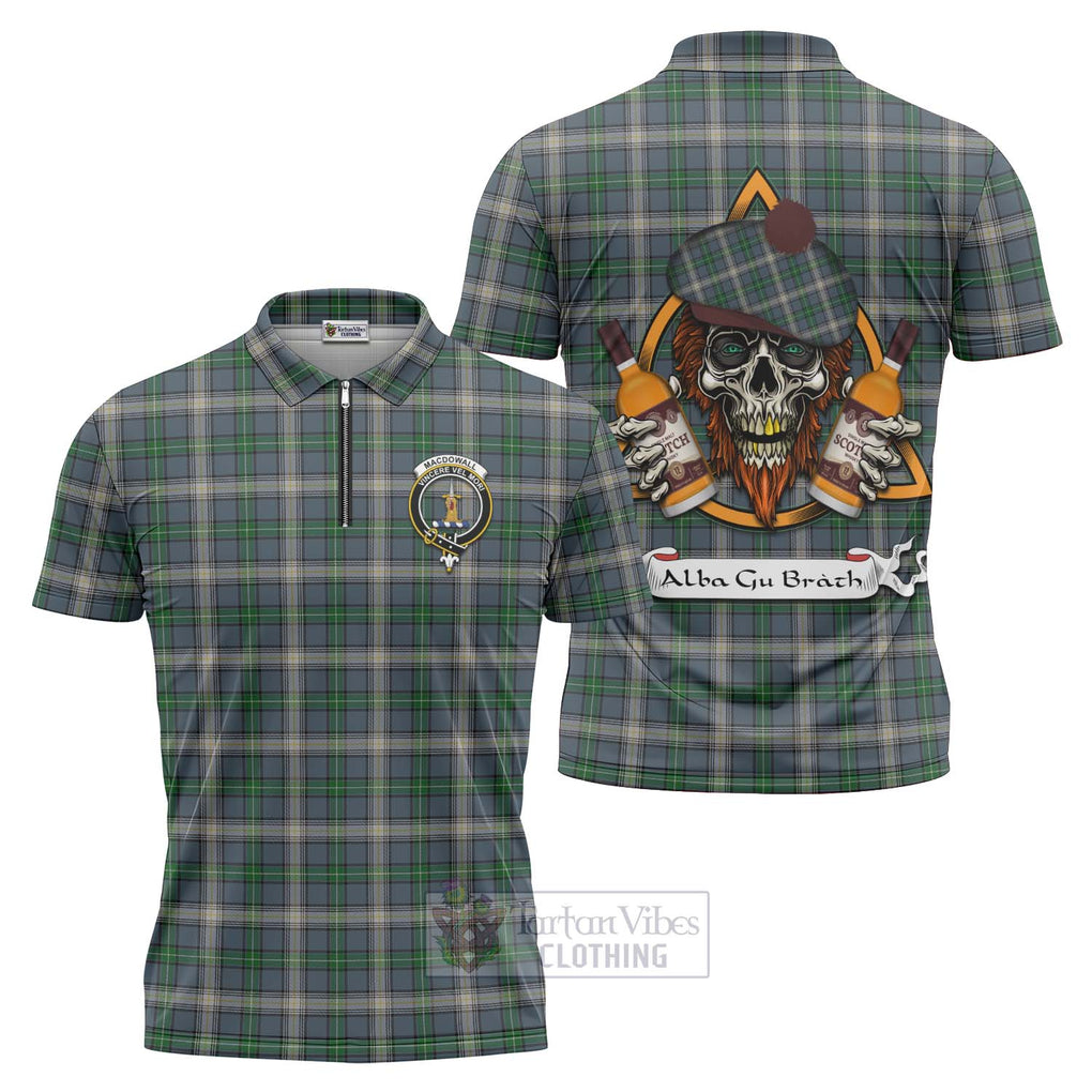 Tartan Vibes Clothing MacDowall (McDowall) Tartan Zipper Polo Shirt with Family Crest and Bearded Skull Holding Bottles of Whiskey