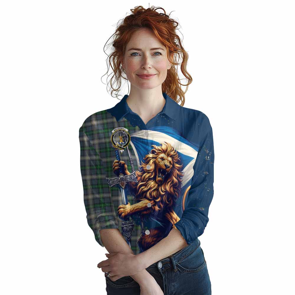 Tartan Vibes Clothing MacDowall (McDowall) Tartan Family Crest Women's Casual Shirt with Scottish Majestic Lion