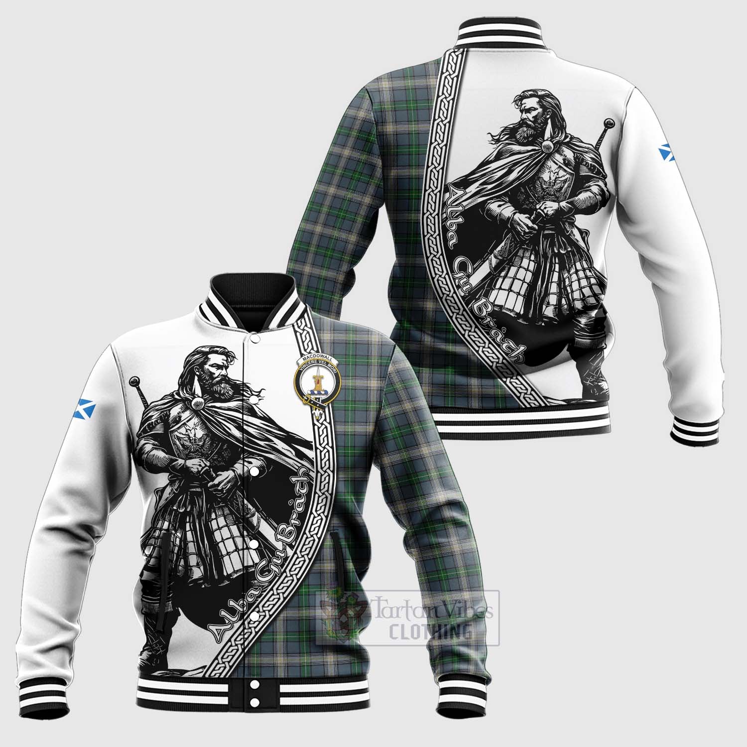 Tartan Vibes Clothing MacDowall (McDowall) Tartan Clan Crest Baseball Jacket with Highlander Warrior Celtic Style