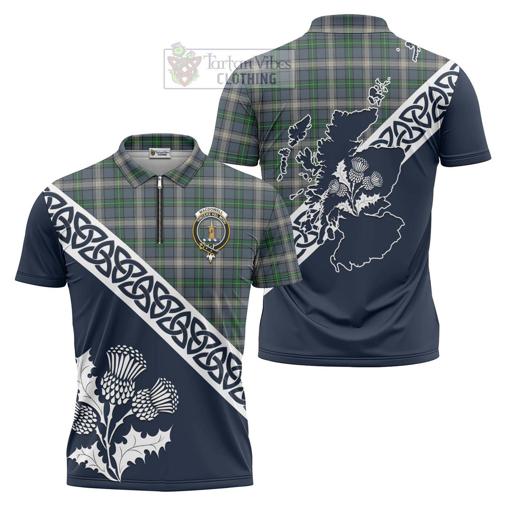 Tartan Vibes Clothing MacDowall (McDowall) Tartan Zipper Polo Shirt Featuring Thistle and Scotland Map