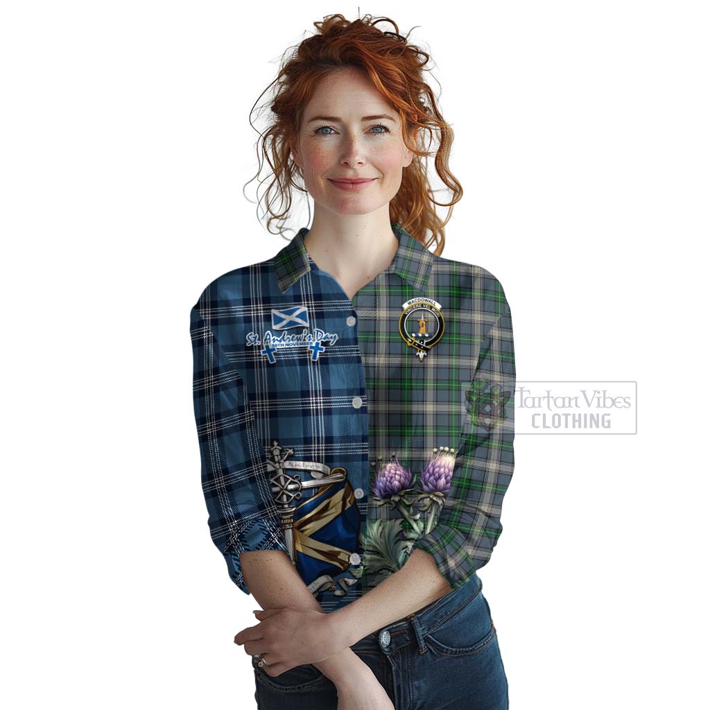 Tartan Vibes Clothing MacDowall (McDowall) Tartan Women's Casual Shirt Happy St. Andrew's Day Half Tartan Style