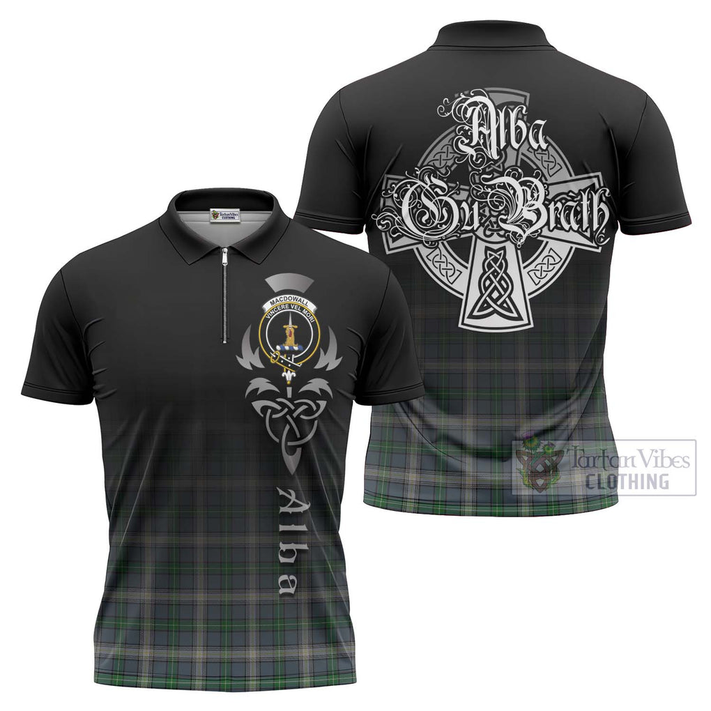 Tartan Vibes Clothing MacDowall (McDowall) Tartan Zipper Polo Shirt Featuring Alba Gu Brath Family Crest Celtic Inspired