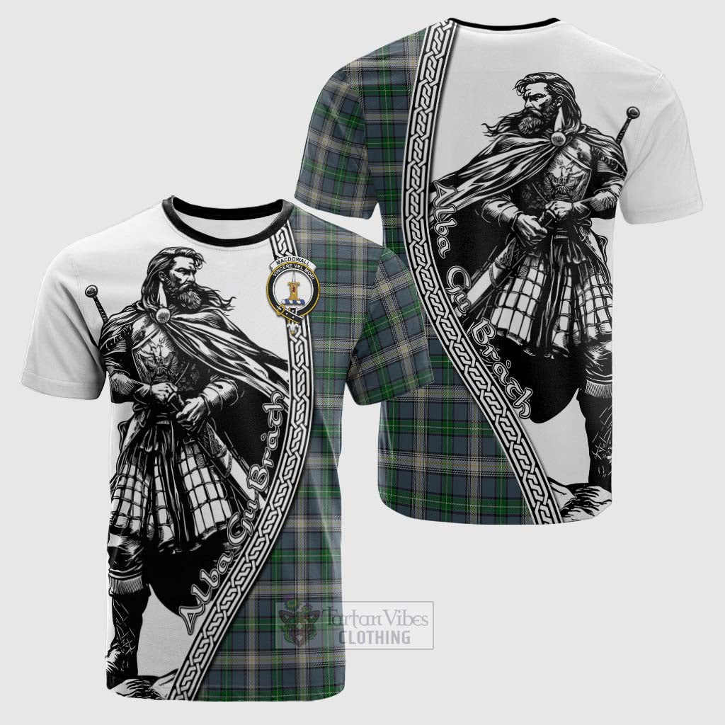 Tartan Vibes Clothing MacDowall (McDowall) Tartan Clan Crest Cotton T-shirt with Highlander Warrior Celtic Style