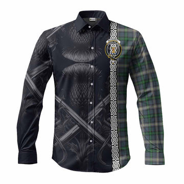 MacDowall (McDowall) Tartan Long Sleeve Button Shirt with Family Crest Cross Sword Thistle Celtic Vibes Men's Shirt S - Tartan Vibes Clothing