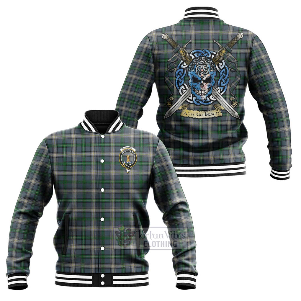 Tartan Vibes Clothing MacDowall (McDowall) Tartan Baseball Jacket with Family Crest Celtic Skull Style