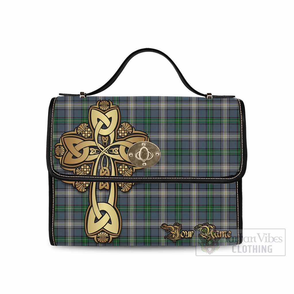 MacDowall (McDowall) Tartan Waterproof Canvas Bag Golden Thistle Celtic Cross Style Black Leather Strap One Size 10.5*20*27cm - Tartan Vibes Clothing