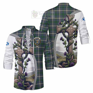 MacDowall (McDowall) Tartan Ghillie Kilt Shirt with Family Crest and St. Andrew's Cross Accented by Thistle Vines Men - Tartan Vibes Clothing
