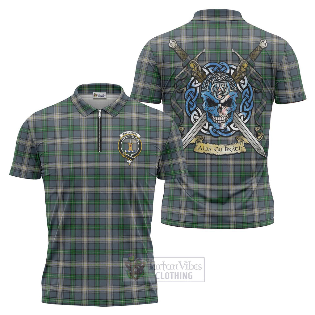 Tartan Vibes Clothing MacDowall (McDowall) Tartan Zipper Polo Shirt with Family Crest Celtic Skull Style