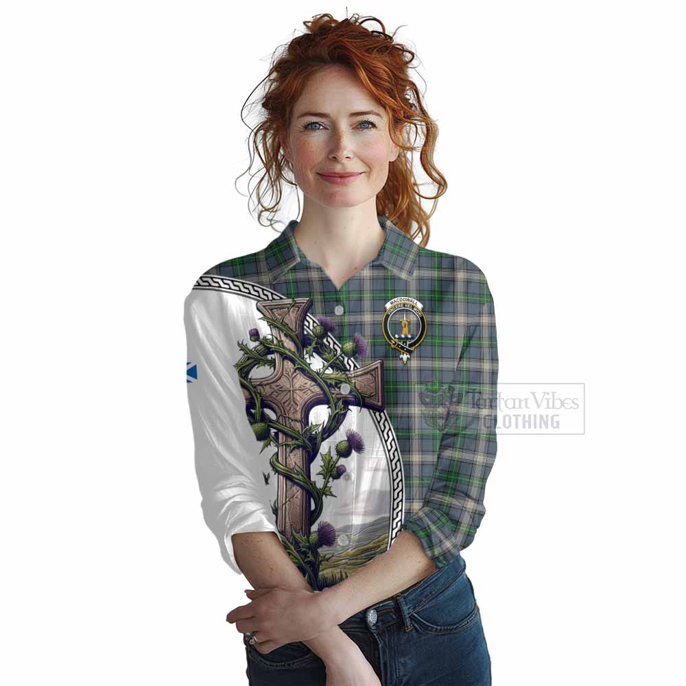 Tartan Vibes Clothing MacDowall (McDowall) Tartan Women's Casual Shirt with Family Crest and St. Andrew's Cross Accented by Thistle Vines