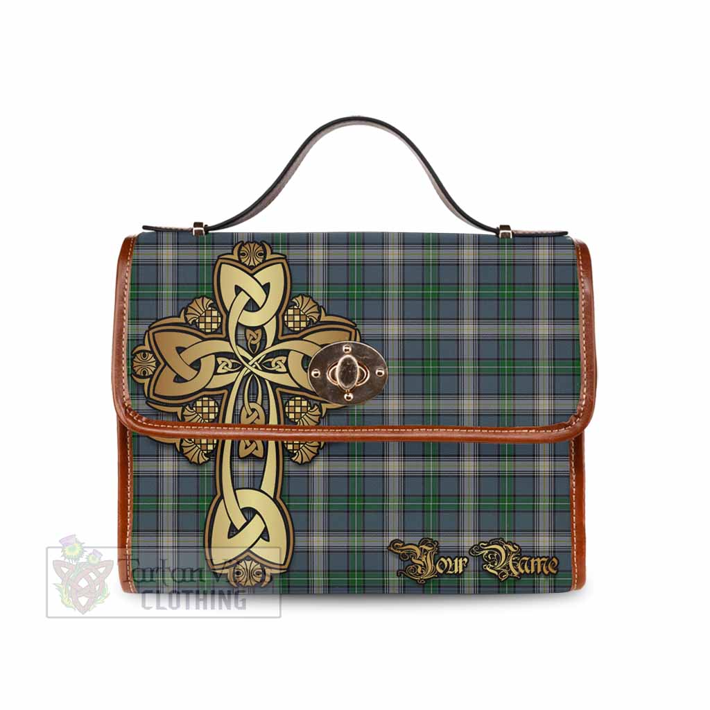 MacDowall (McDowall) Tartan Waterproof Canvas Bag Golden Thistle Celtic Cross Style Brown Leather Strap One Size 10.5*20*27cm - Tartan Vibes Clothing
