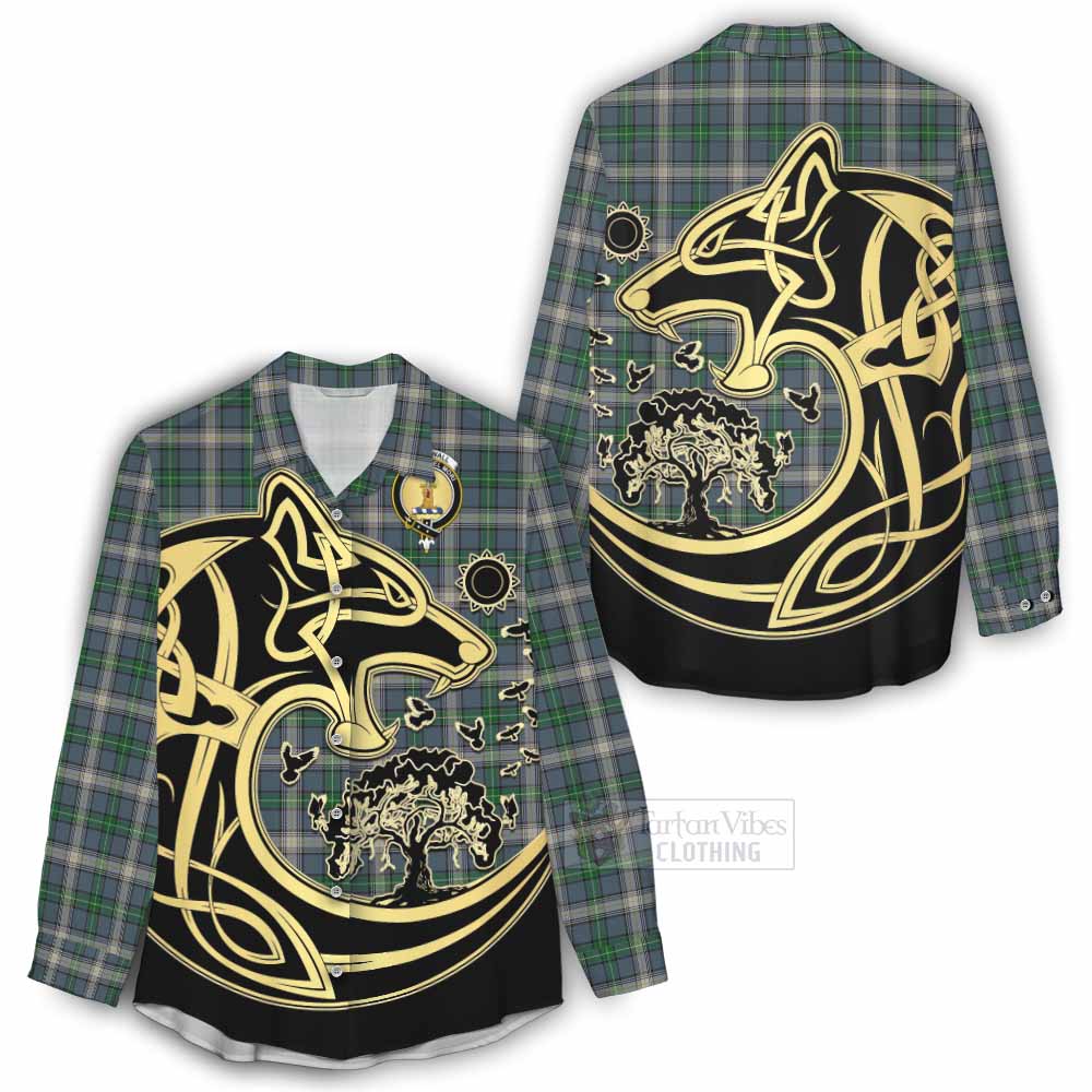 Tartan Vibes Clothing MacDowall (McDowall) Tartan Women's Casual Shirt with Family Crest Celtic Wolf Style