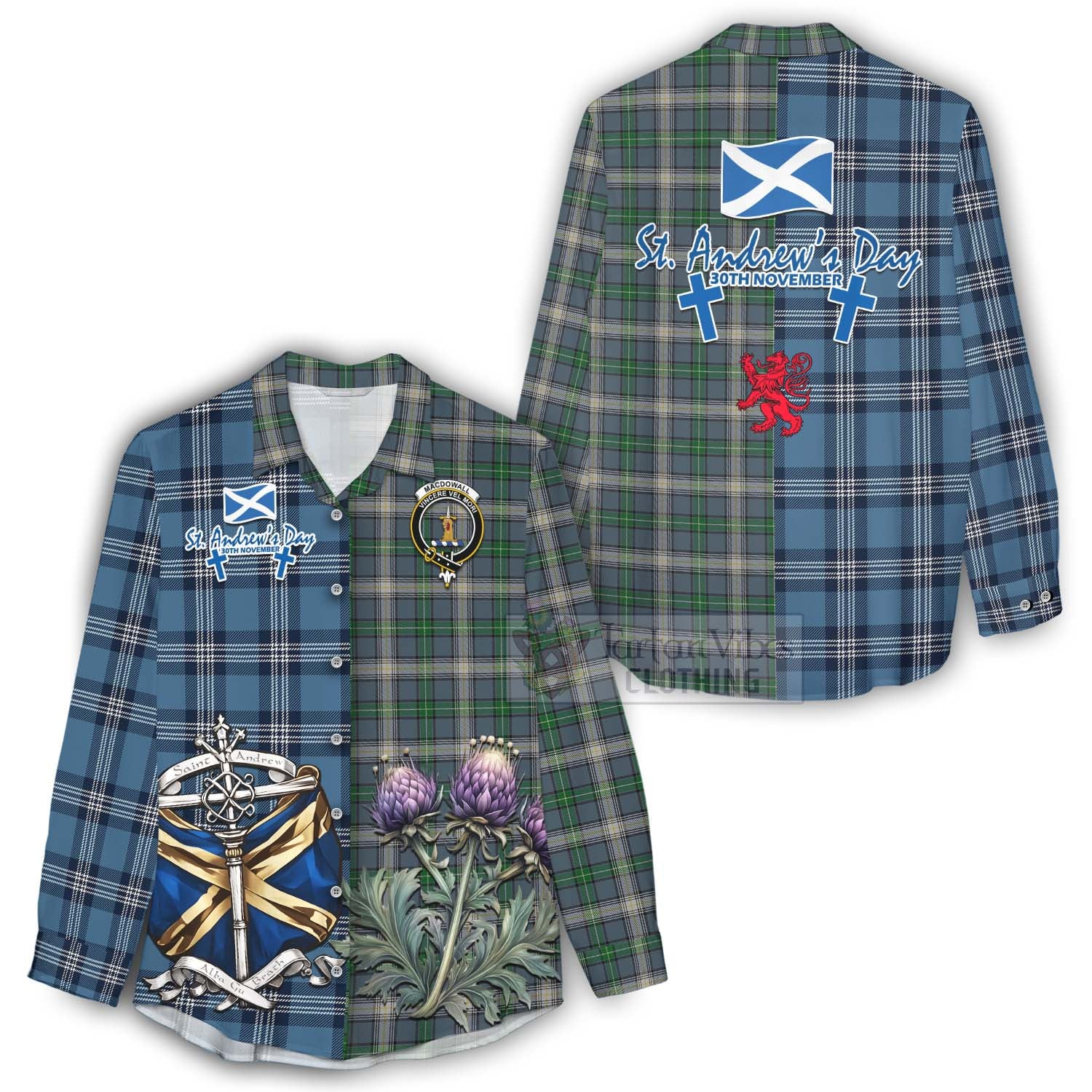 Tartan Vibes Clothing MacDowall (McDowall) Tartan Women's Casual Shirt Happy St. Andrew's Day Half Tartan Style