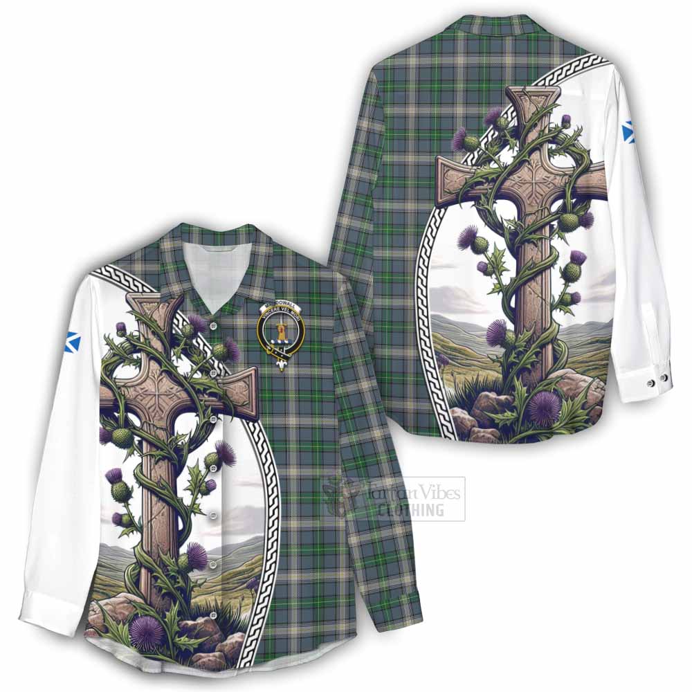 Tartan Vibes Clothing MacDowall (McDowall) Tartan Women's Casual Shirt with Family Crest and St. Andrew's Cross Accented by Thistle Vines