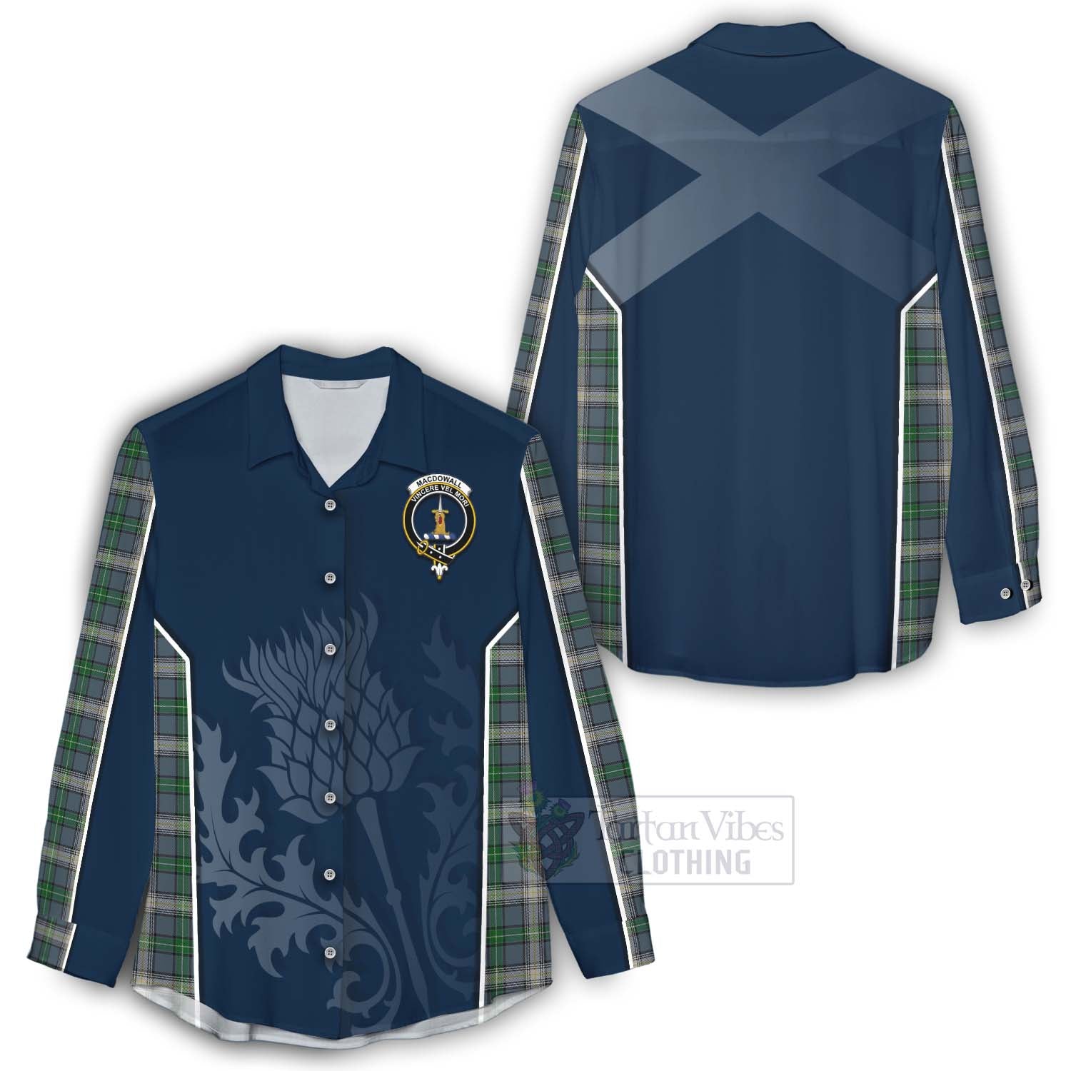 Tartan Vibes Clothing MacDowall (McDowall) Tartan Women's Casual Shirt with Family Crest and Scottish Thistle Vibes Sport Style