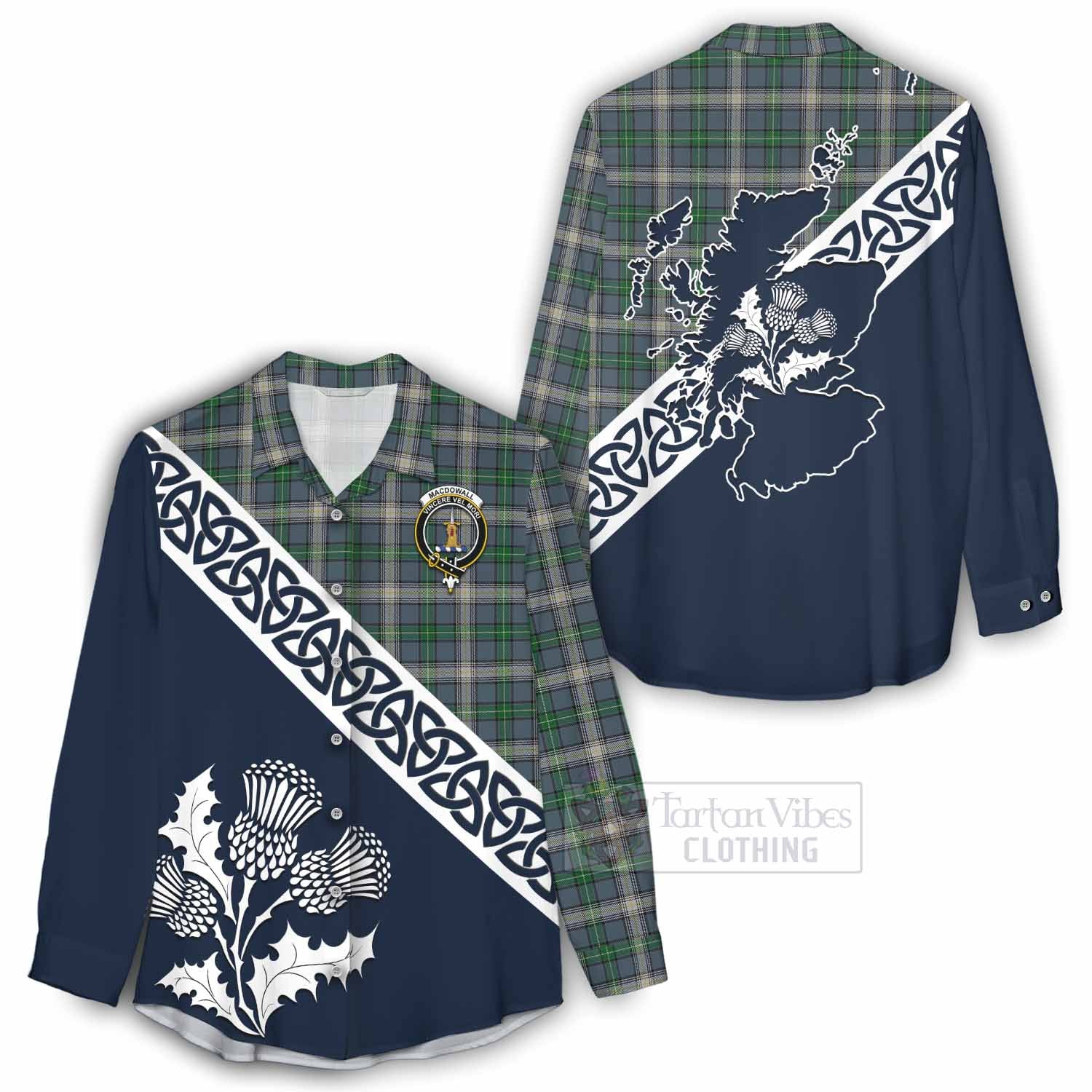 Tartan Vibes Clothing MacDowall (McDowall) Tartan Women's Casual Shirt Featuring Thistle and Scotland Map