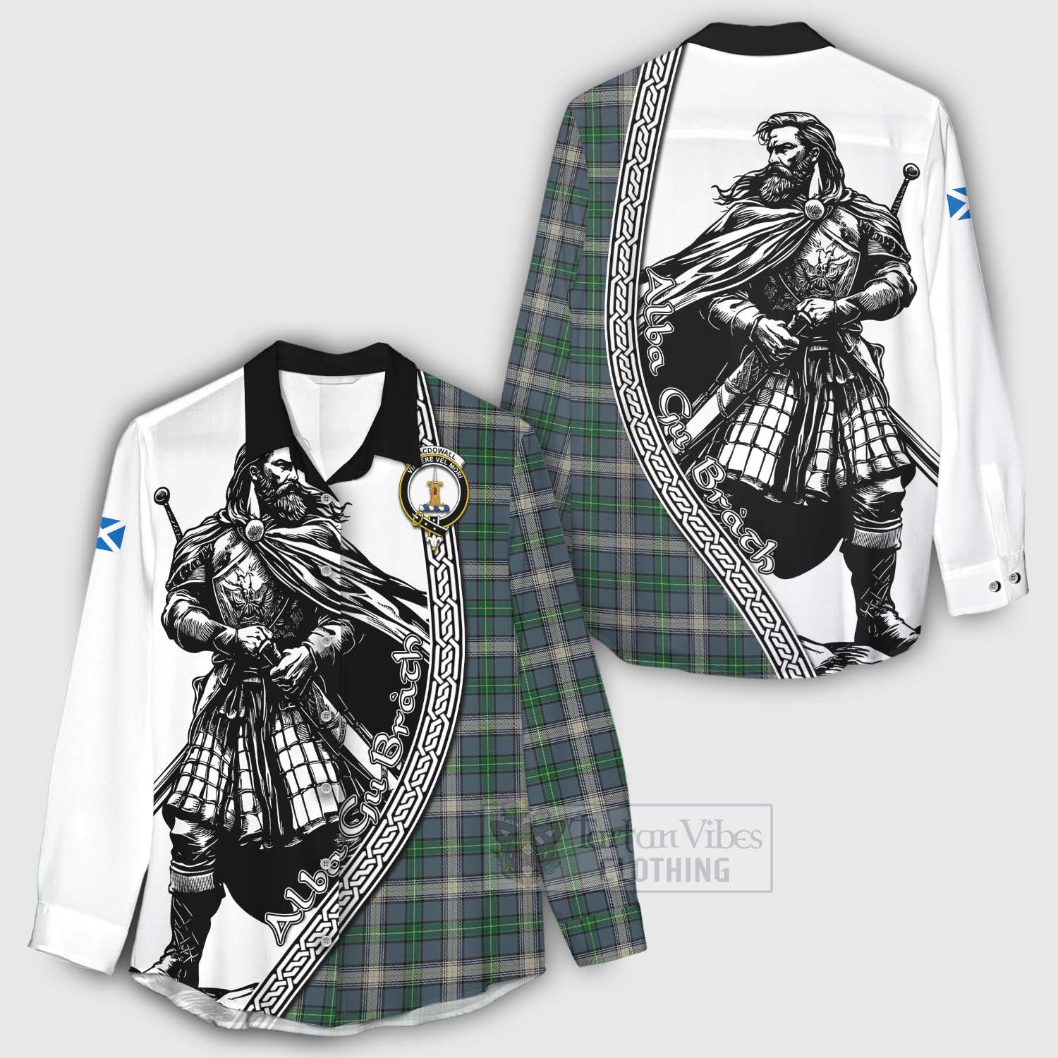 Tartan Vibes Clothing MacDowall (McDowall) Tartan Clan Crest Women's Casual Shirt with Highlander Warrior Celtic Style