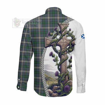 MacDowall (McDowall) Tartan Long Sleeve Button Shirt with Family Crest and St. Andrew's Cross Accented by Thistle Vines Men's Shirt - Tartan Vibes Clothing