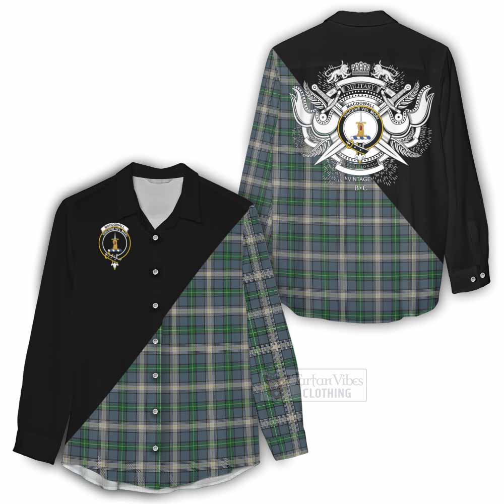 Tartan Vibes Clothing MacDowall (McDowall) Tartan Women's Casual Shirt with Family Crest and Military Logo Style