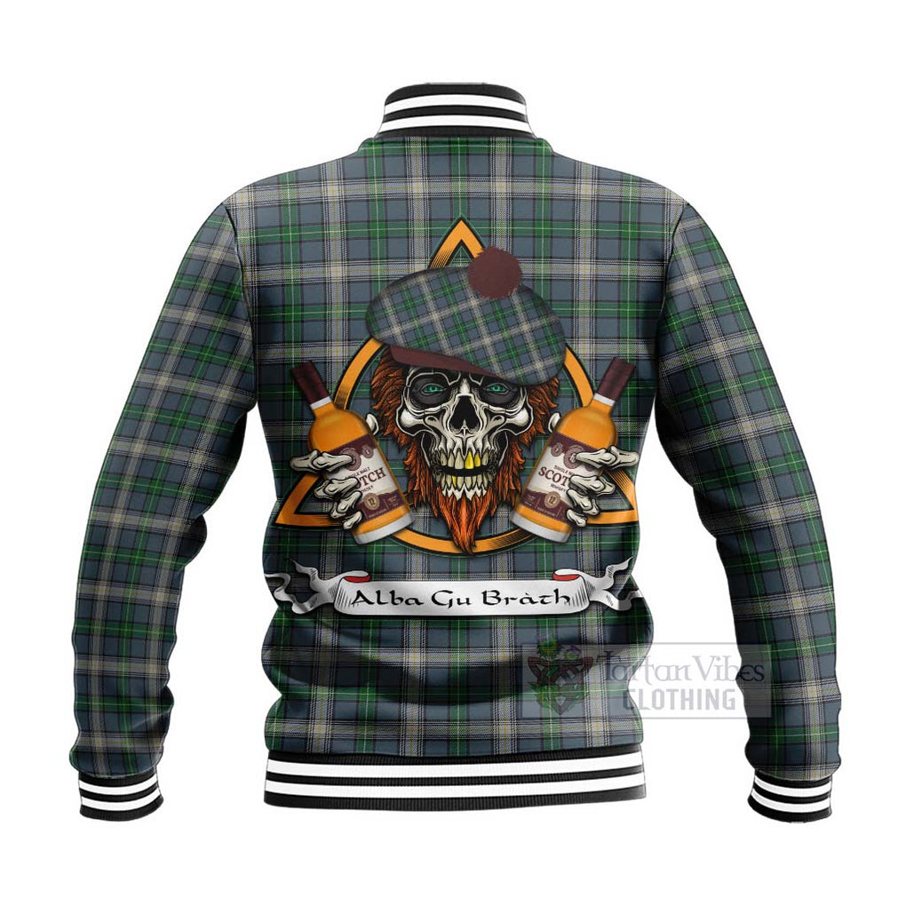 Tartan Vibes Clothing MacDowall (McDowall) Tartan Baseball Jacket with Family Crest and Bearded Skull Holding Bottles of Whiskey