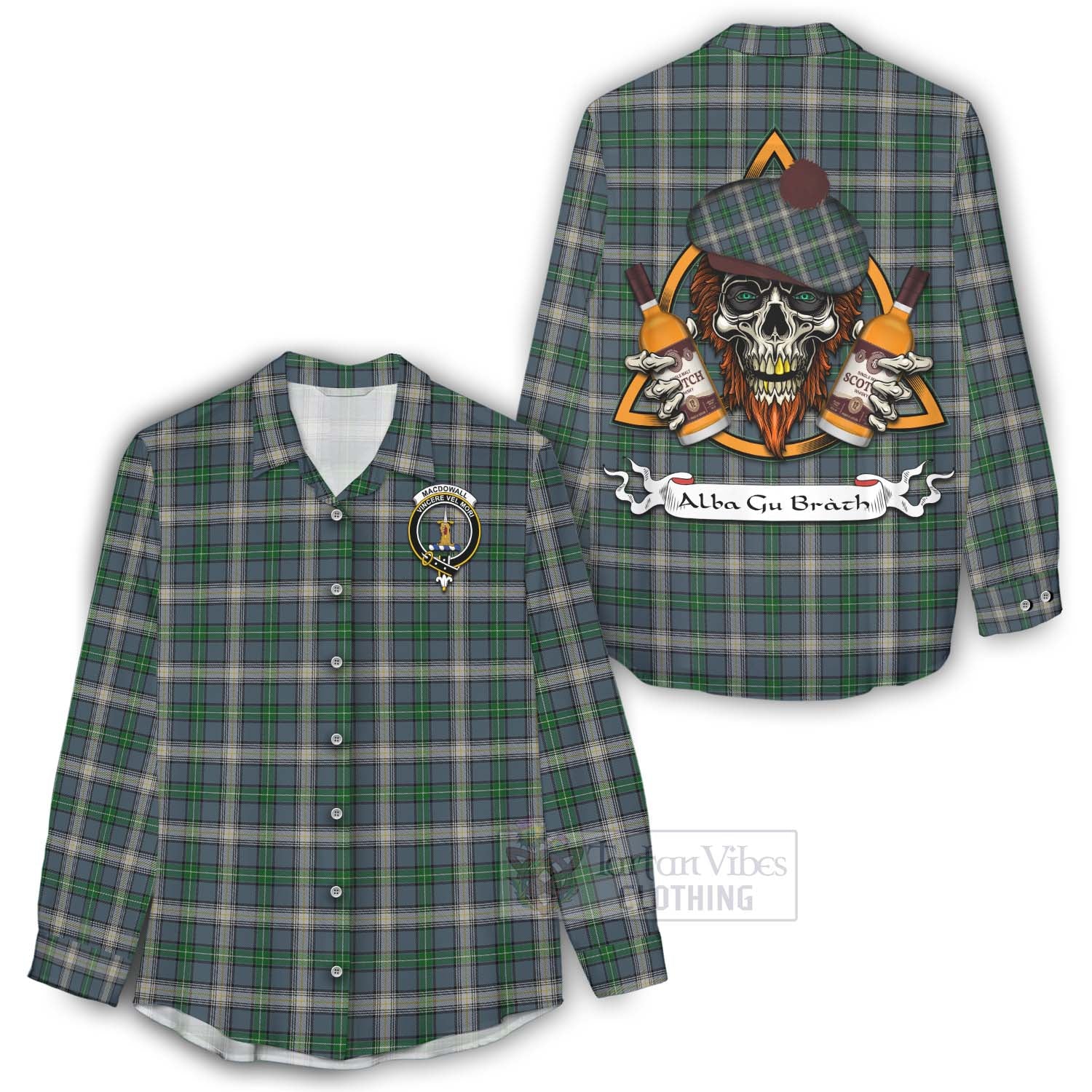 Tartan Vibes Clothing MacDowall (McDowall) Tartan Women's Casual Shirt with Family Crest and Bearded Skull Holding Bottles of Whiskey