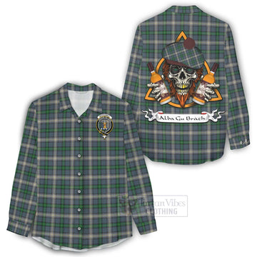 MacDowall (McDowall) Tartan Women's Casual Shirt with Family Crest and Bearded Skull Holding Bottles of Whiskey