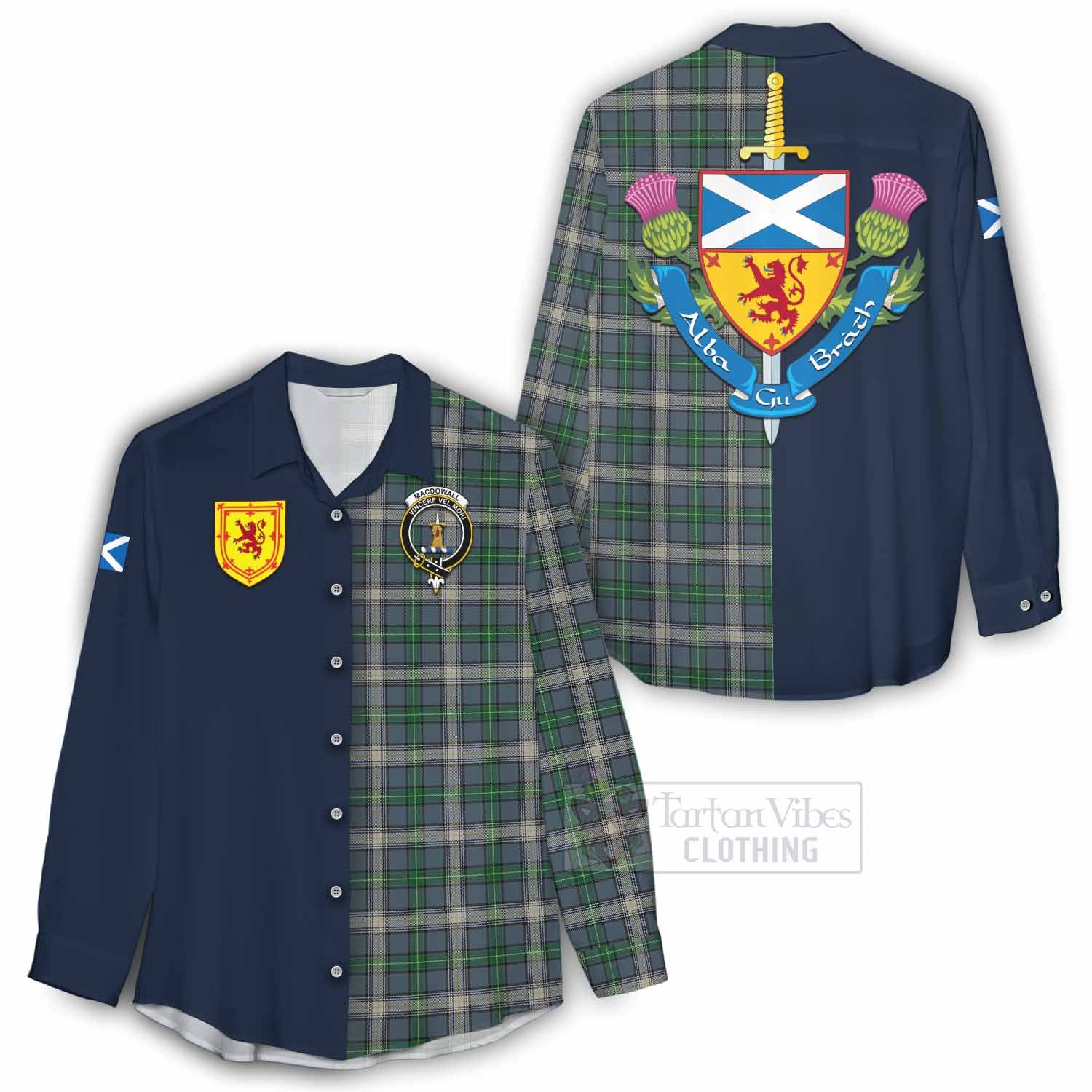 Tartan Vibes Clothing MacDowall (McDowall) Tartan Women's Casual Shirt Alba with Scottish Lion Royal Arm Half Style