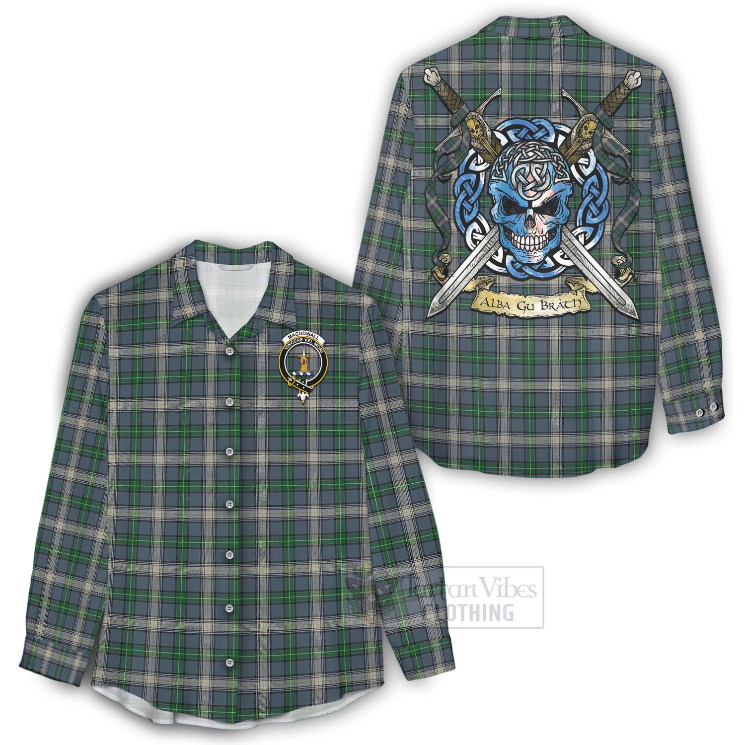 Tartan Vibes Clothing MacDowall (McDowall) Tartan Women's Casual Shirt with Family Crest Celtic Skull Style