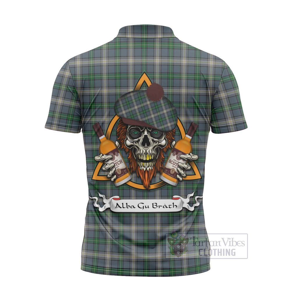 Tartan Vibes Clothing MacDowall (McDowall) Tartan Zipper Polo Shirt with Family Crest and Bearded Skull Holding Bottles of Whiskey