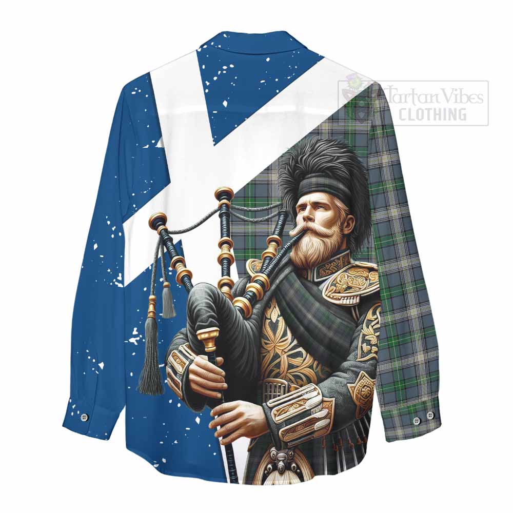 Tartan Vibes Clothing MacDowall (McDowall) Tartan Women's Casual Shirt with Family Crest Scottish Bagpiper Vibes