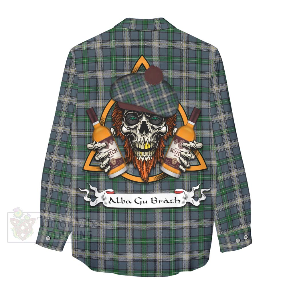 Tartan Vibes Clothing MacDowall (McDowall) Tartan Women's Casual Shirt with Family Crest and Bearded Skull Holding Bottles of Whiskey