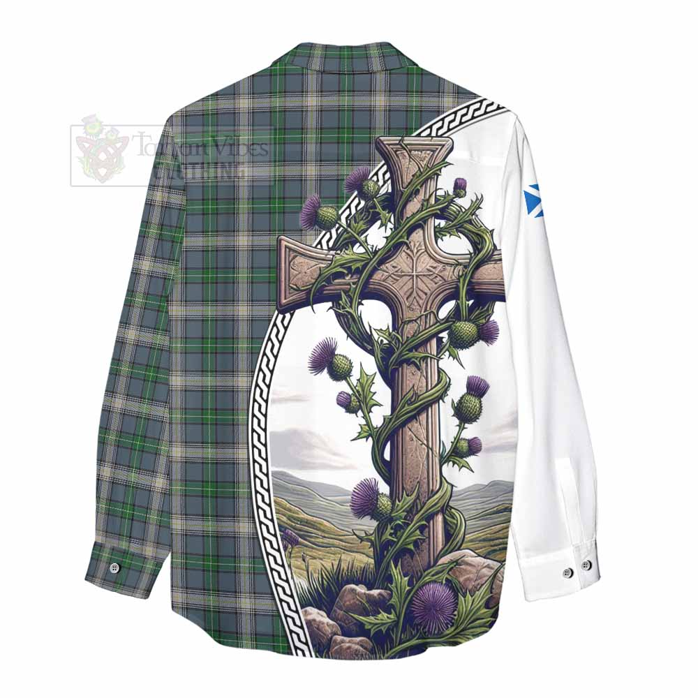 Tartan Vibes Clothing MacDowall (McDowall) Tartan Women's Casual Shirt with Family Crest and St. Andrew's Cross Accented by Thistle Vines