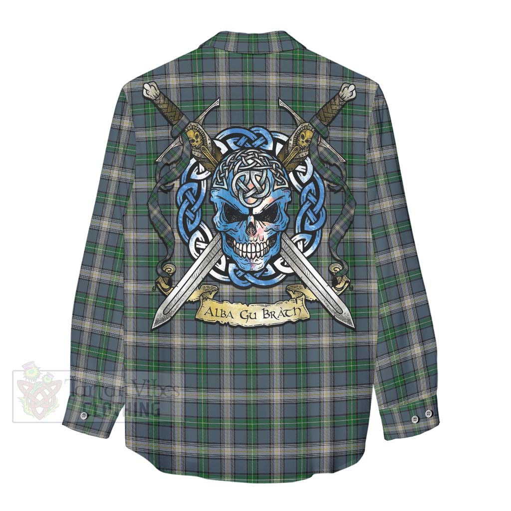 Tartan Vibes Clothing MacDowall (McDowall) Tartan Women's Casual Shirt with Family Crest Celtic Skull Style