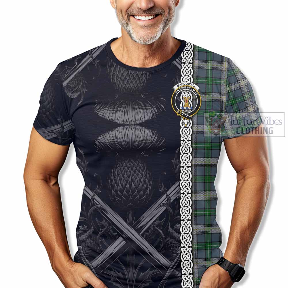 MacDowall (McDowall) Tartan T-Shirt with Family Crest Cross Sword Thistle Celtic Vibes - Tartan Vibes Clothing