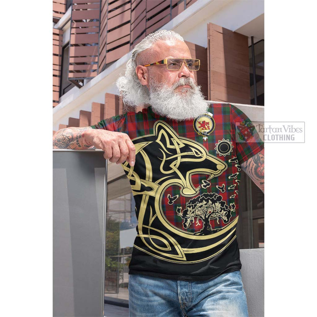 Tartan Vibes Clothing MacDuff Tartan Cotton T-shirt with Family Crest Celtic Wolf Style