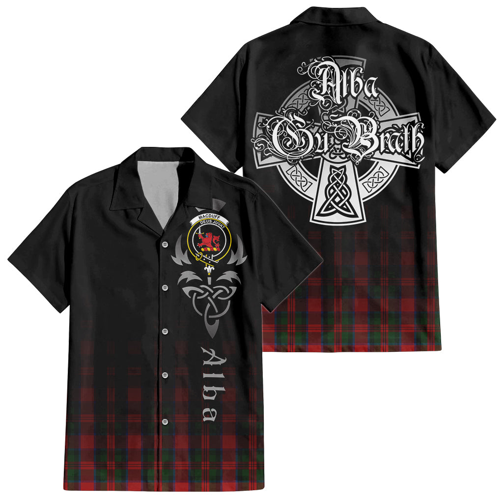 Tartan Vibes Clothing MacDuff Tartan Short Sleeve Button Up Featuring Alba Gu Brath Family Crest Celtic Inspired