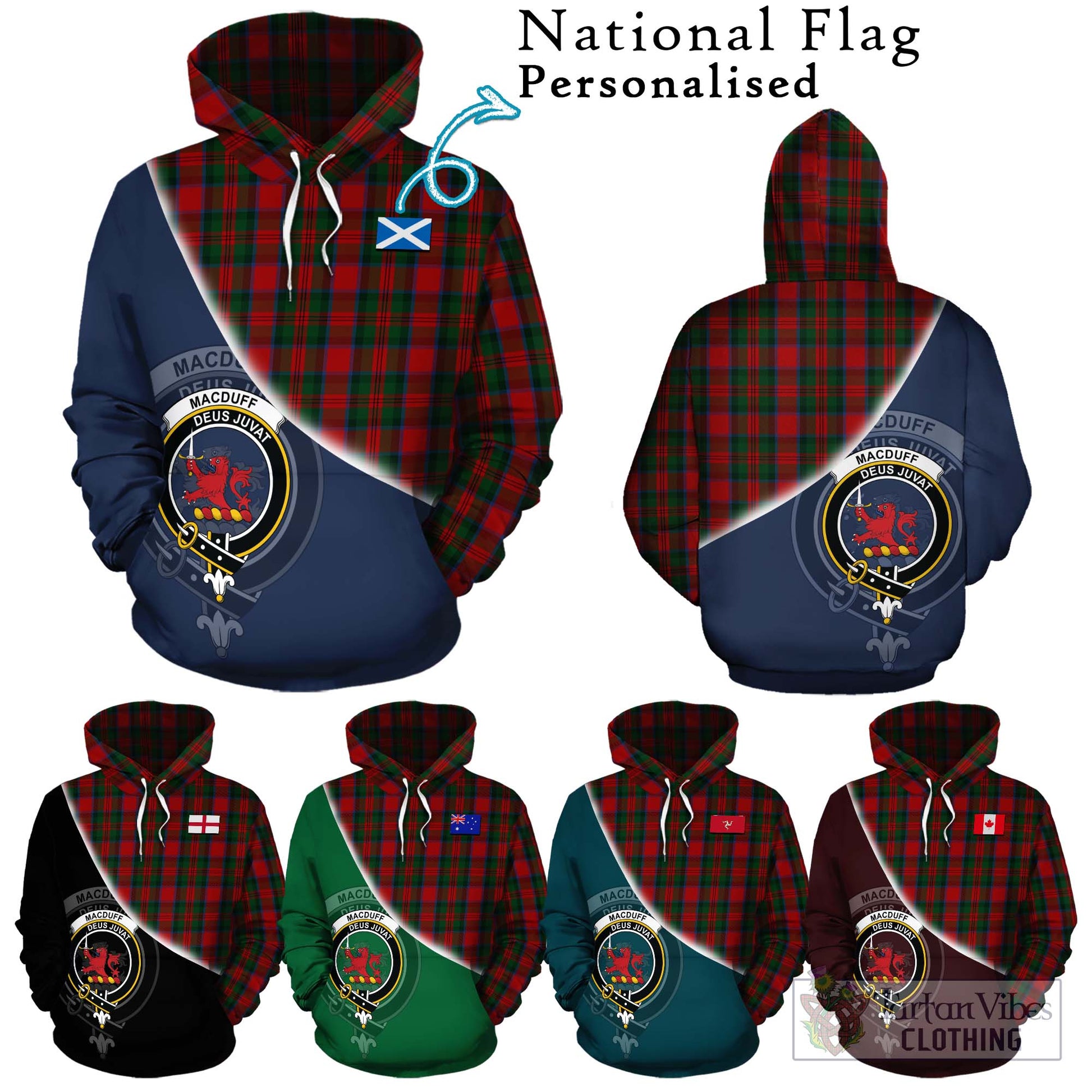 Tartan Vibes Clothing MacDuff Tartan Hoodie with Personalised National Flag and Family Crest Half Style