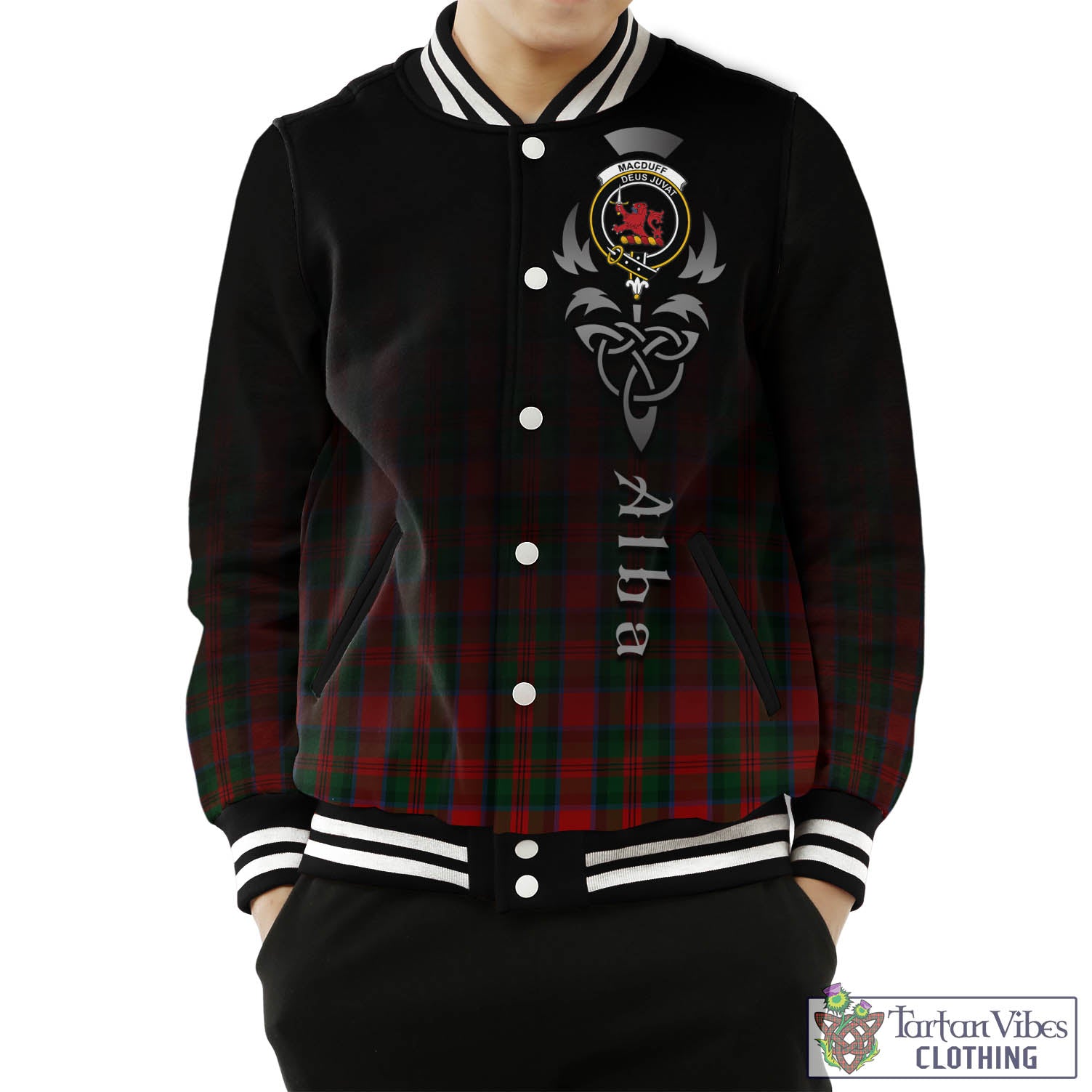 Tartan Vibes Clothing MacDuff Tartan Baseball Jacket Featuring Alba Gu Brath Family Crest Celtic Inspired