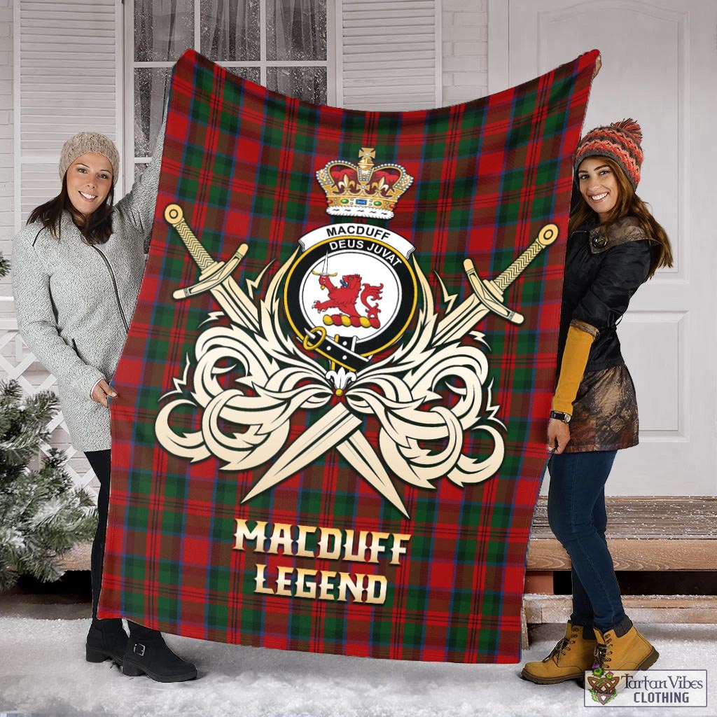 Tartan Vibes Clothing MacDuff Tartan Blanket with Clan Crest and the Golden Sword of Courageous Legacy