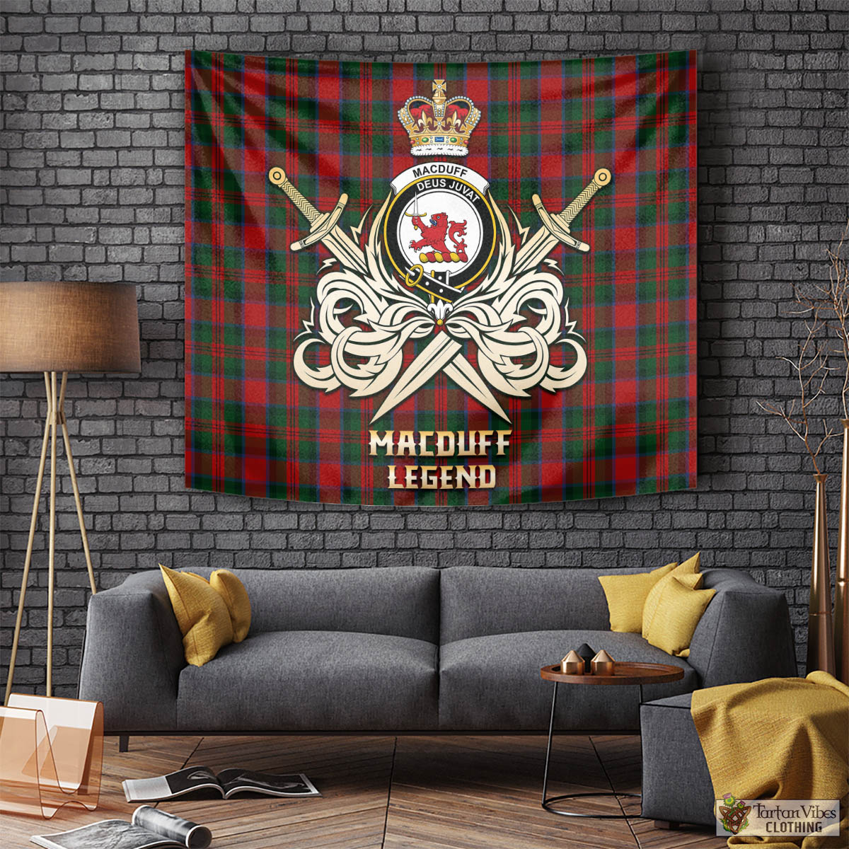 Tartan Vibes Clothing MacDuff Tartan Tapestry with Clan Crest and the Golden Sword of Courageous Legacy