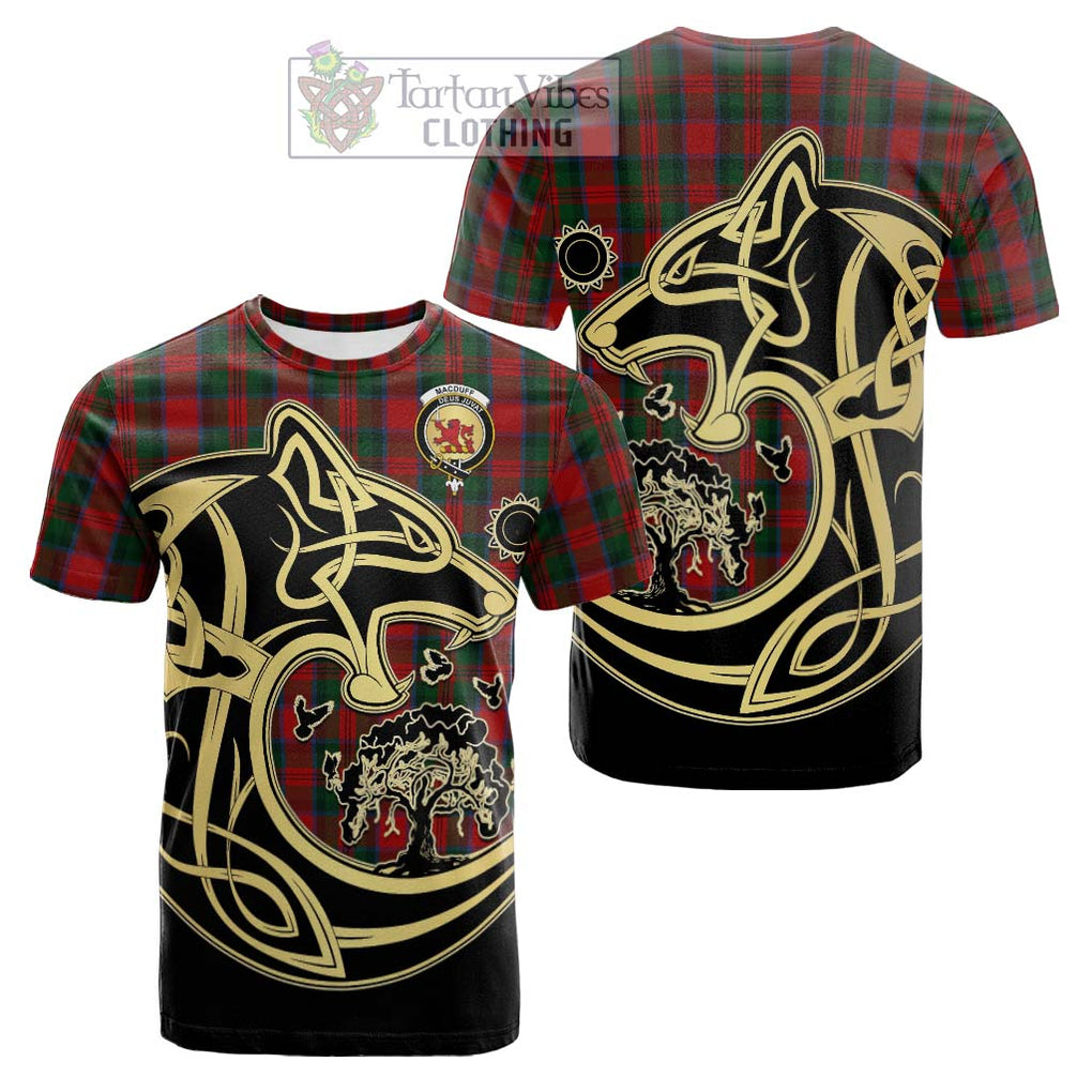 Tartan Vibes Clothing MacDuff Tartan Cotton T-shirt with Family Crest Celtic Wolf Style