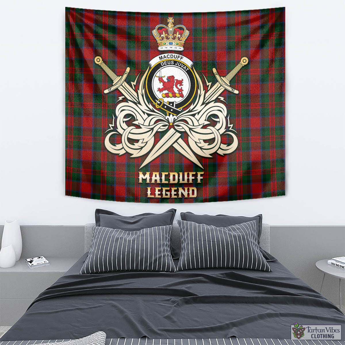 Tartan Vibes Clothing MacDuff Tartan Tapestry with Clan Crest and the Golden Sword of Courageous Legacy