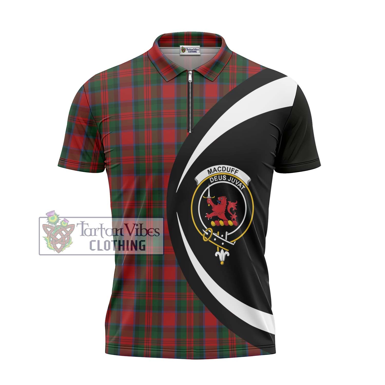 Tartan Vibes Clothing MacDuff Tartan Zipper Polo Shirt with Family Crest Circle Style